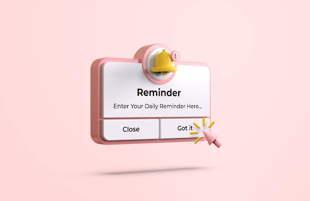 Pink reminder interface in 3d design mockup