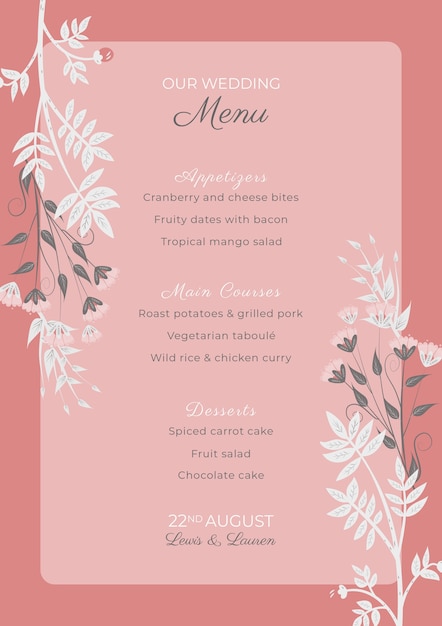 Pink wedding invitation template with flowers frame
