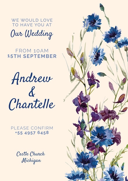 Розовое свадебное приглашение с синими и фиолетовыми цветами