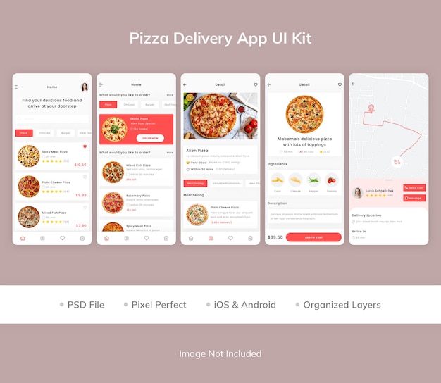 Комплект пользовательского интерфейса приложения для доставки пиццы