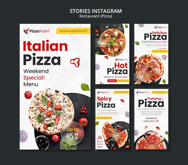 PSD gratuito raccolta di storie di instagram del ristorante pizzeria