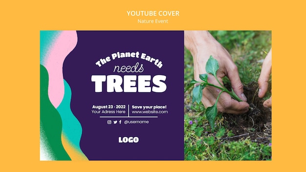 Free PSD planting trees event youtube cover template with abstract shapes