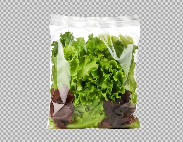 Free PSD plastic transparent vacuum bag with fresh lettuce isolated on background