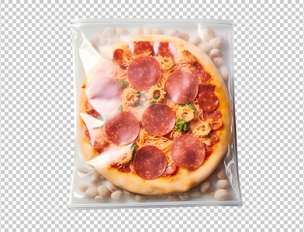 Free PSD plastic transparent vacuum bag with froze pizza isolated on background