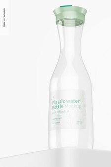 Bottiglia d'acqua in plastica con coperchio incernierato mockup, vista ad angolo basso