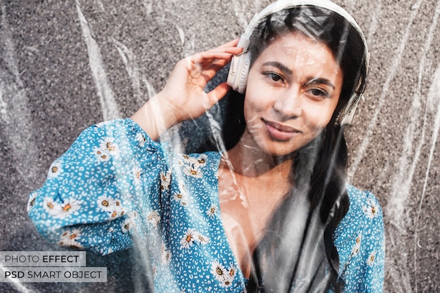 Free PSD plastic wrap effect over portrait of woman