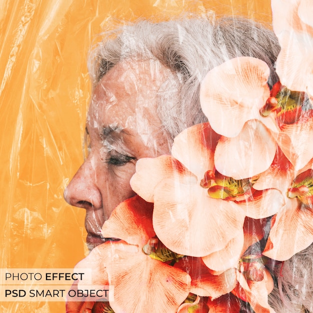 Free PSD plastic wrap effect over portrait of woman