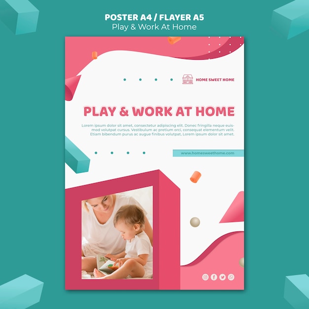 PSD gratuito modello di poster di concetto di gioco e lavoro a casa