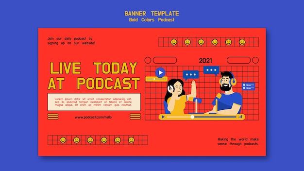 PSD gratuito modello di banner orizzontale podcast con illustrazioni