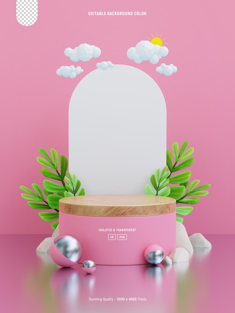 Podium mockup display for product presentation decorated with cute tropical leaves