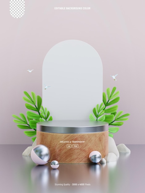 Podium mockup display for product presentation decorated with cute tropical leaves