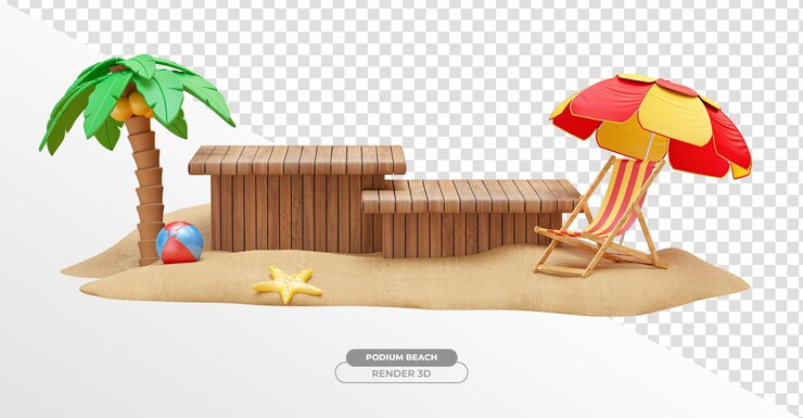 मुफ़्त PSD podium with umbrella and beach chair with sand in 3d render with transparent background