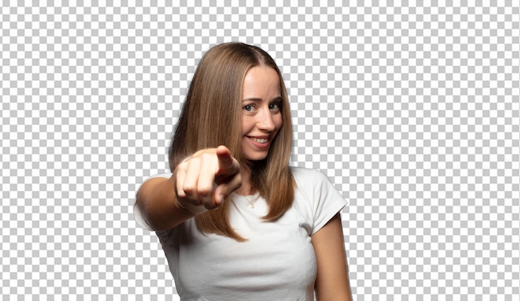 Free PSD pointing at camera with a satisfied confident friendly smile choosing you