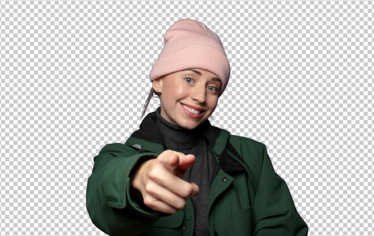 Free PSD pointing at camera with a satisfied confident friendly smile choosing you