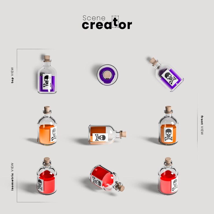 Free PSD poison bottle variety of angles halloween scene creator
