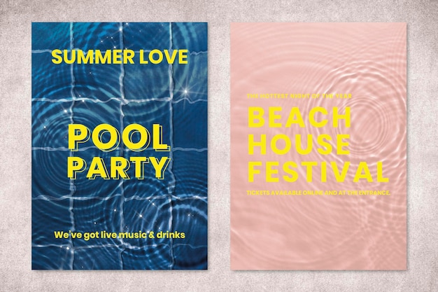 Free PSD pool party poster template, water background psd set