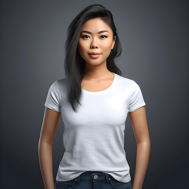 Portrait of asian woman in white t shirt on grey background