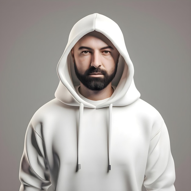 PSD gratuito ritratto di un uomo barbuto con un cappuccio bianco su uno sfondo grigio