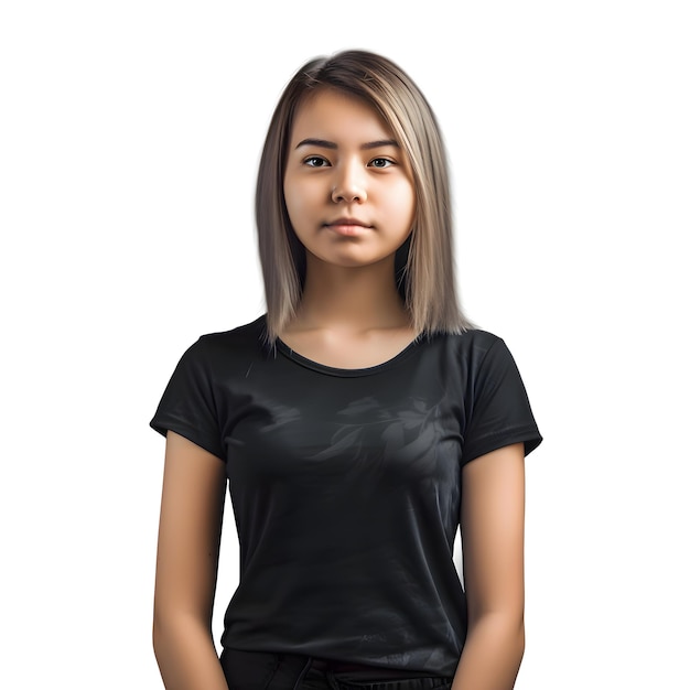 PSD gratuito ritratto di una bella giovane donna in maglietta nera isolata su sfondo bianco