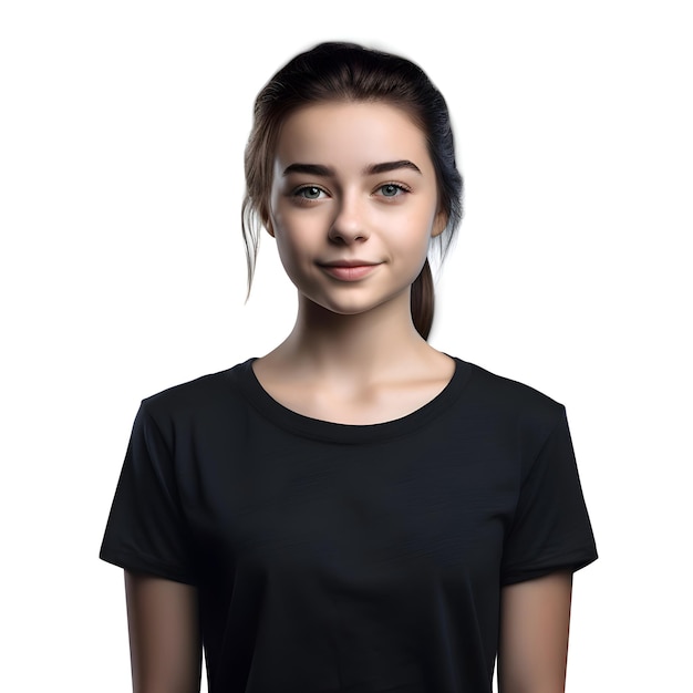 Portrait of a beautiful young woman in black t shirt isolated on white background