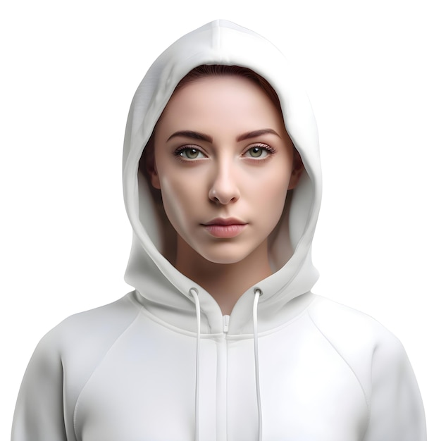 Free PSD portrait of a beautiful young woman in a white hoodie