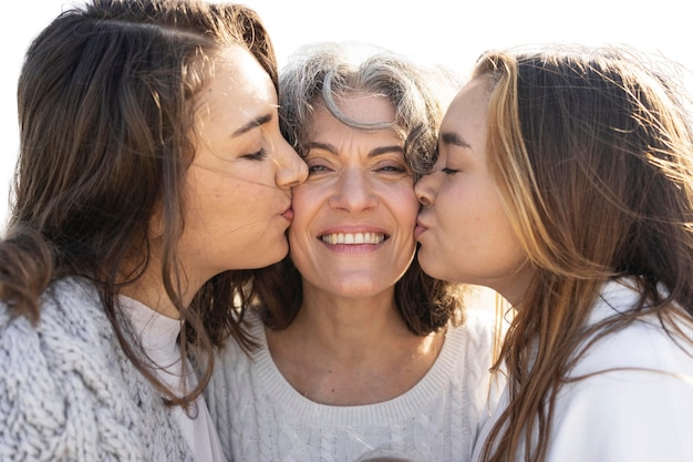 Portrait of daughter kissing mom on cheek