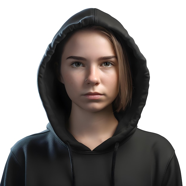 Portrait of a girl in a black hoodie isolated on white background