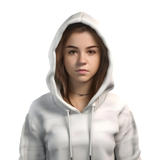 Portrait of a girl in a white hoodie on a white background