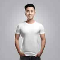 PSD gratuito ritratto di un bell'uomo asiatico in maglietta bianca su sfondo grigio