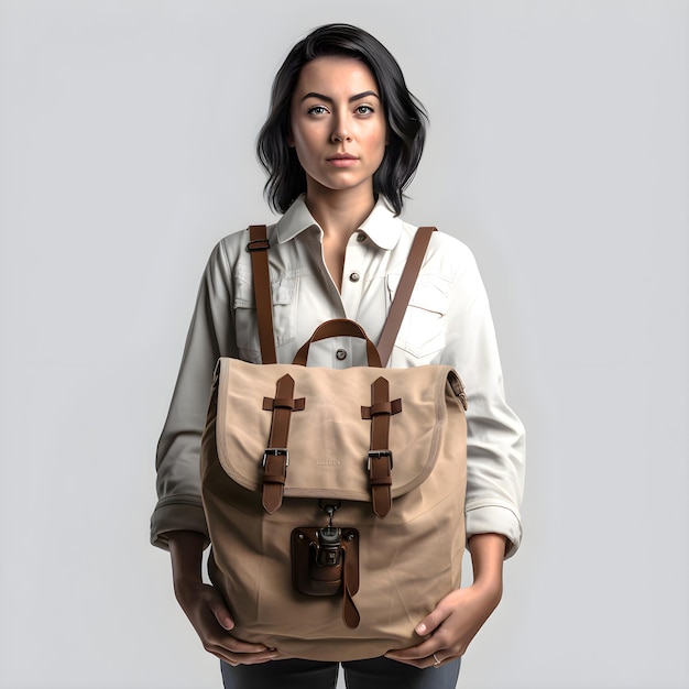 Бесплатный PSD Портрет красивой азиатской женщины с рюкзаком на сером фоне