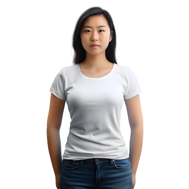 Бесплатный PSD Портрет молодой азиатской женщины в пустой белой футболке на белом фоне