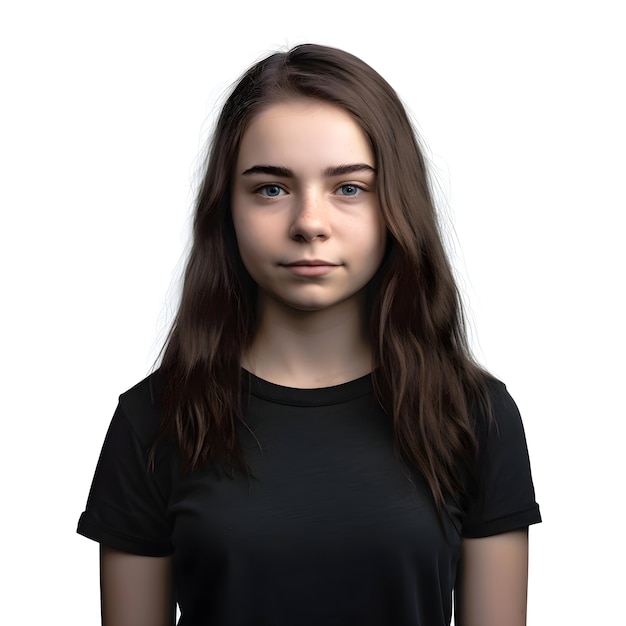 Бесплатный PSD Портрет молодой девушки в черной футболке на белом фоне