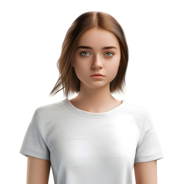 白い背景の白いtシャツを着た若い女の子の肖像画