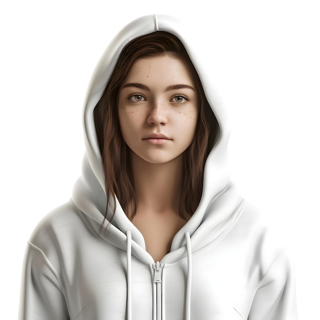無料PSD 白い背景に白いフードを着た若い女性の肖像画