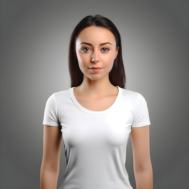 Бесплатный PSD Портрет красивой молодой женщины в белой футболке на сером фоне