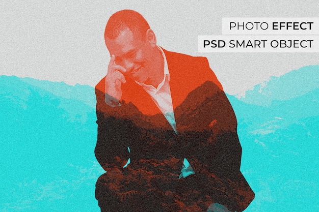 Бесплатный PSD Портрет человека с эффектом двойной экспозиции и зернистостью