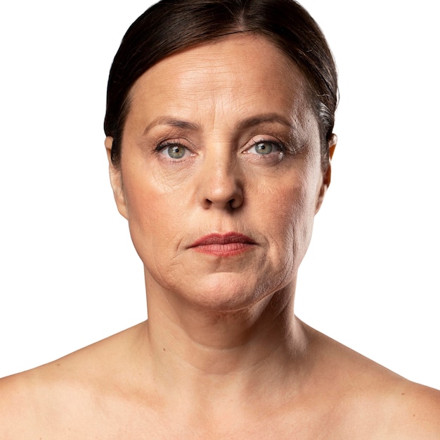 Портрет пожилой женщины с естественным макияжем и чистой кожей