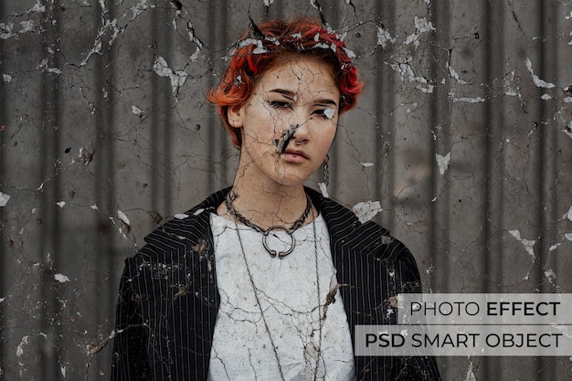 Free PSD portrait of person with cracked wall effect