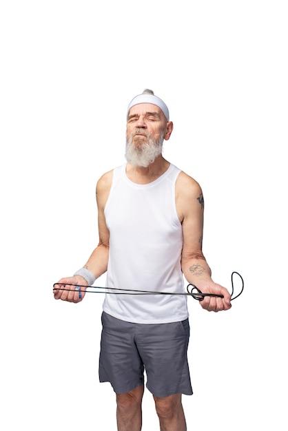 Portrait of senior man with jumping rope