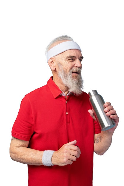 Portrait of senior man with metallic water bottle