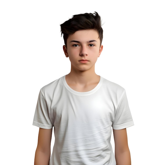 Portrait of a teenage boy in a white t shirt on a white background