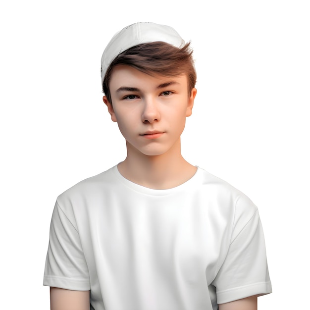 Portrait of a teenage boy in a white t shirt on a white background