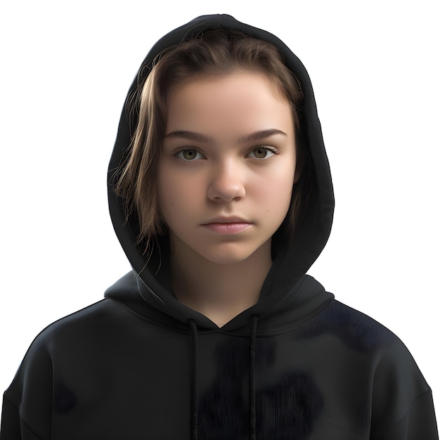 Portrait of a teenager girl in a black hoodie isolated on white background