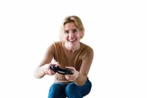 Free PSD portrait of woman playing video games