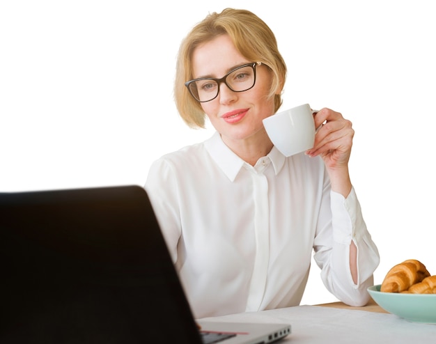 Free PSD portrait of woman using laptop computer