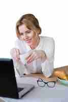 Free PSD portrait of woman using laptop computer