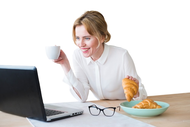 Free PSD portrait of woman using laptop computer