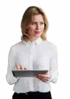 Free PSD portrait of woman using tablet device