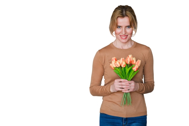 Portrait of woman with tulip flowers