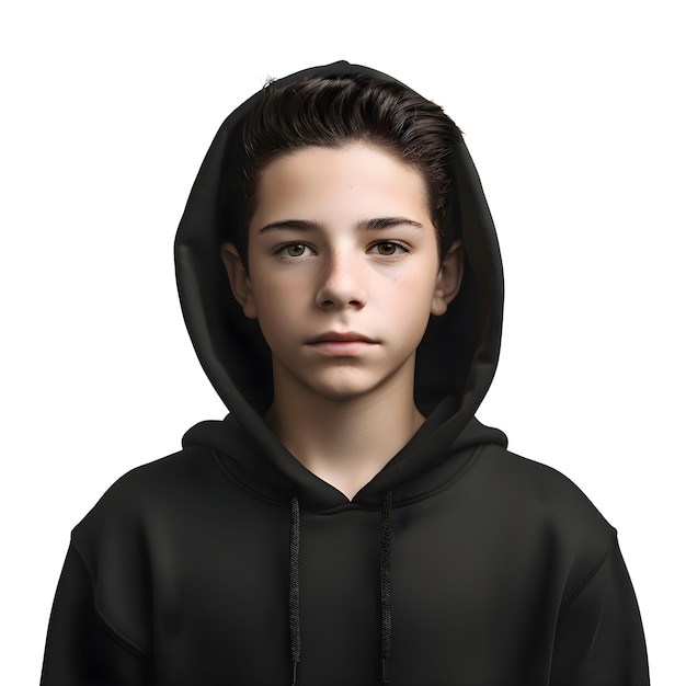 Portrait of a young man in a black hoodie isolated on white background